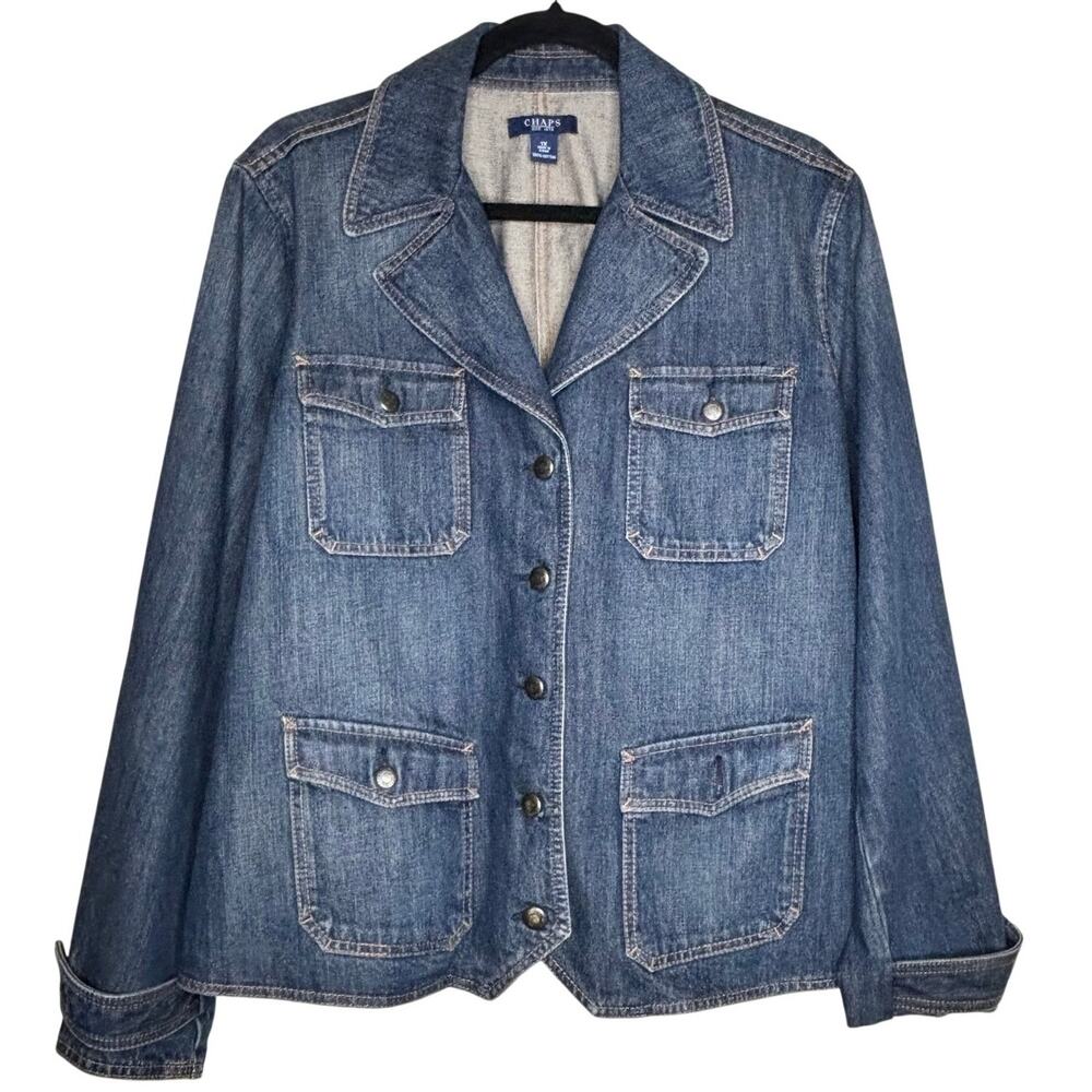 Chaps Ralph Lauren Blue Denim Utility Blazer Jacket 100% Cotton Pockets Size 1X
